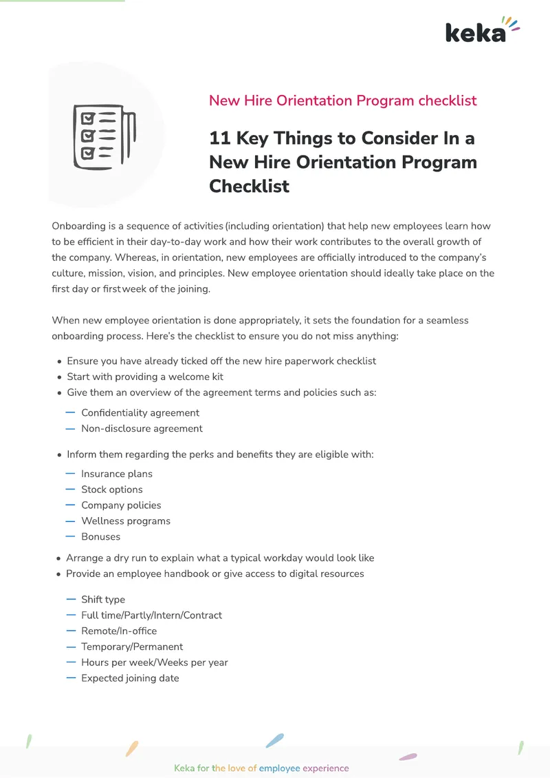 New Hire Orientation Program Checklist