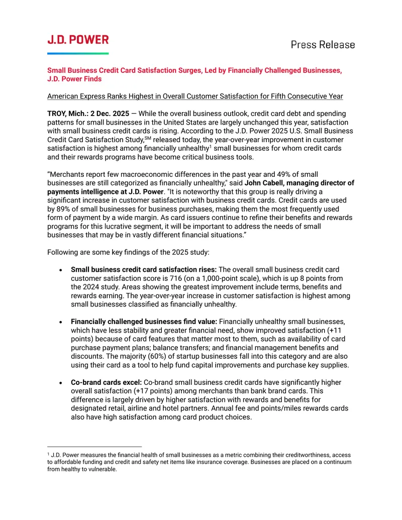 2025 U.S. Small Business Credit Card Satisfaction Study