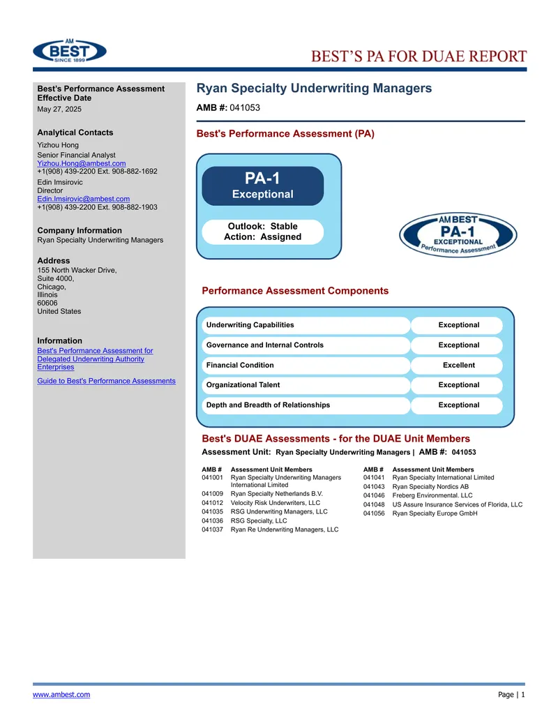 Best's Performance Assessment for Ryan Specialty Underwriting Managers