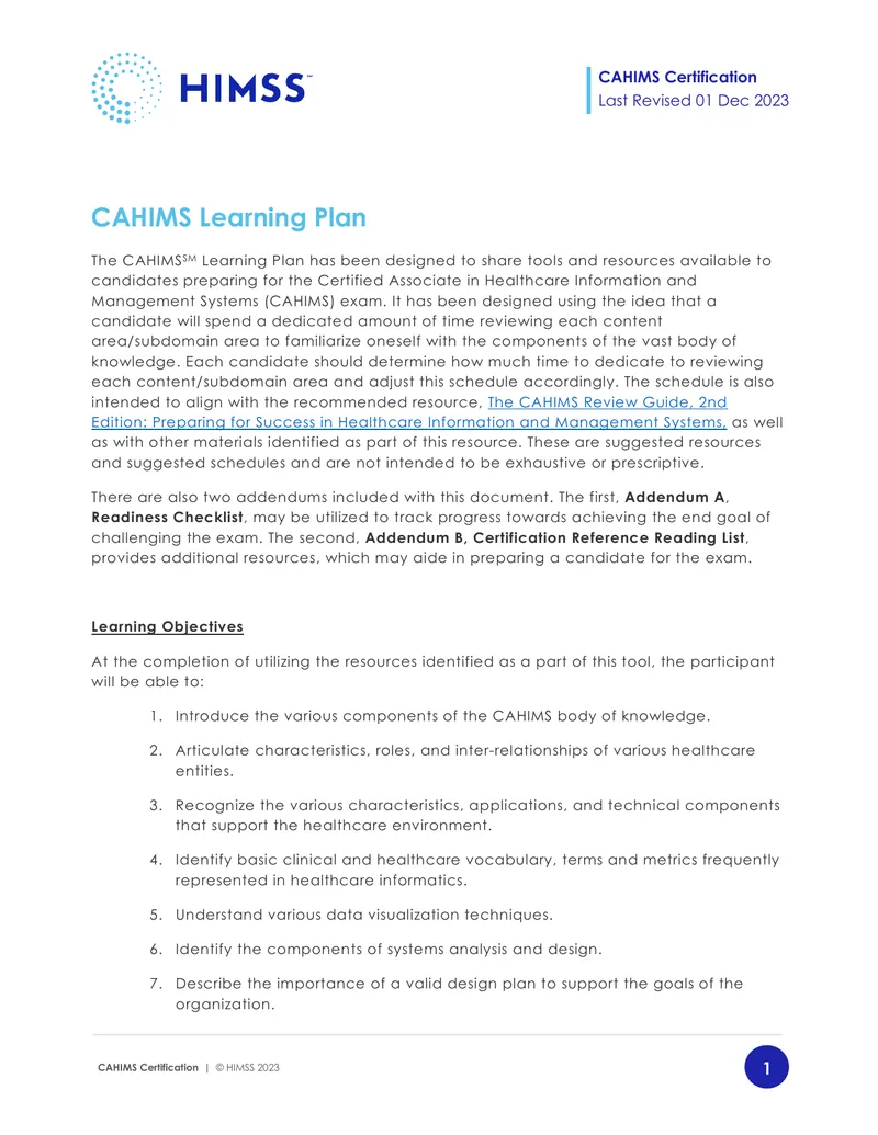 CAHIMS Certification Learning Plan