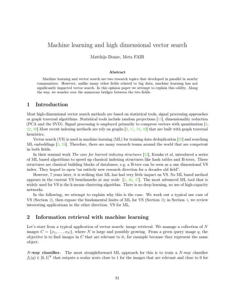 Machine Learning and High Dimensional Vector Search