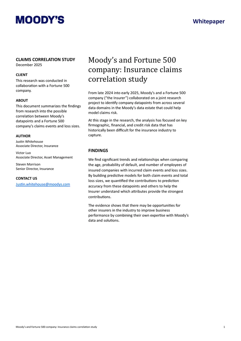 Insurance Claims Correlation Study by Moody's and Fortune 500 Company