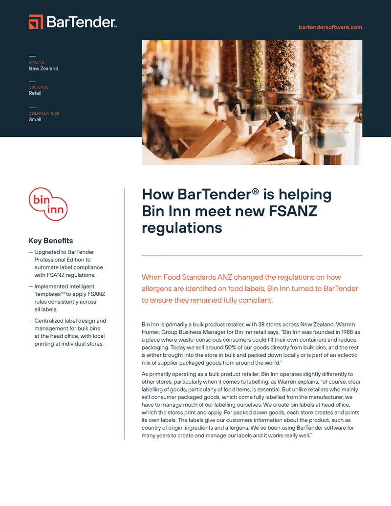 BarTender Software Compliance with FSANZ Regulations