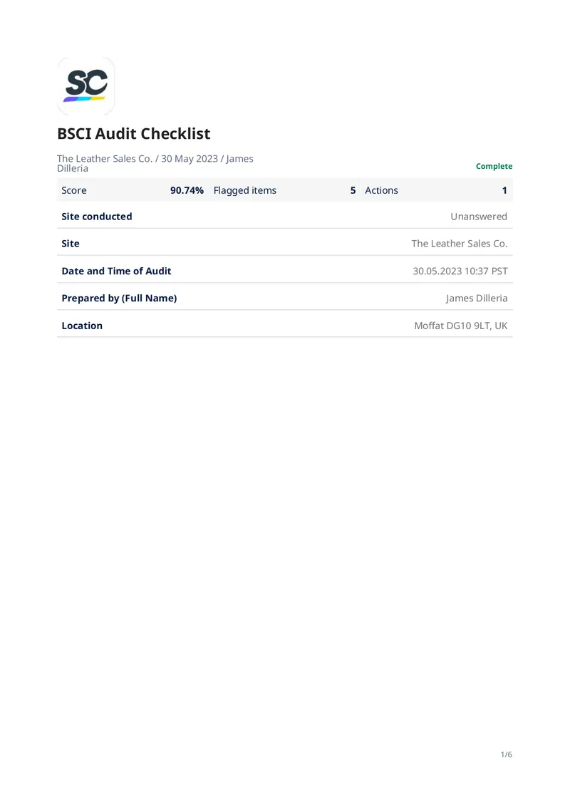 BSCI Audit Checklist for Leather Sales Co