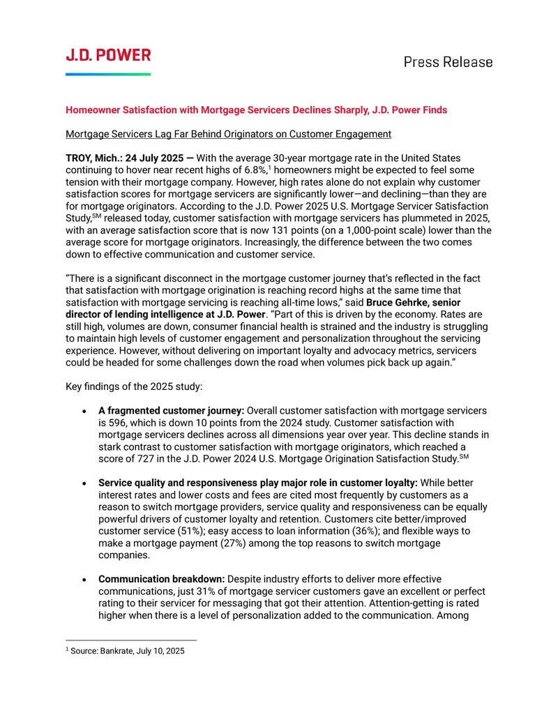 Homeowner Satisfaction with Mortgage Servicers Declines