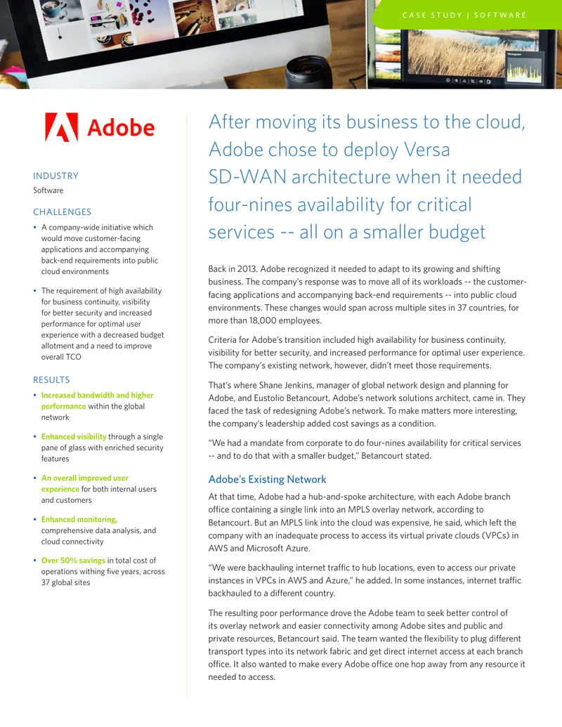 Adobe's Implementation of Versa SD-WAN Architecture