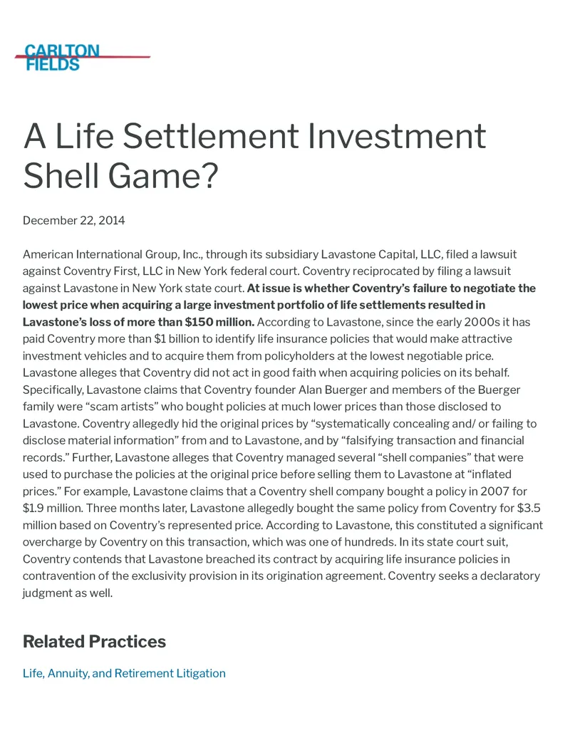 Life Settlement Investment Litigation Overview