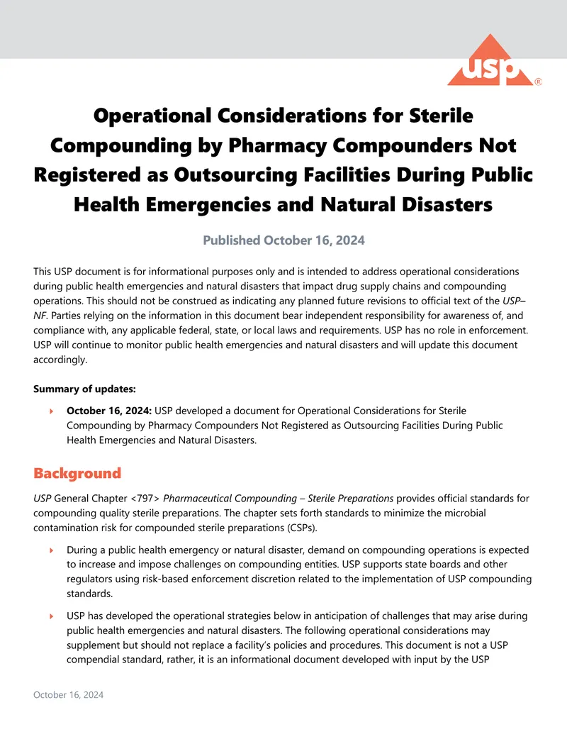 Operational Considerations for Sterile Compounding During Emergencies