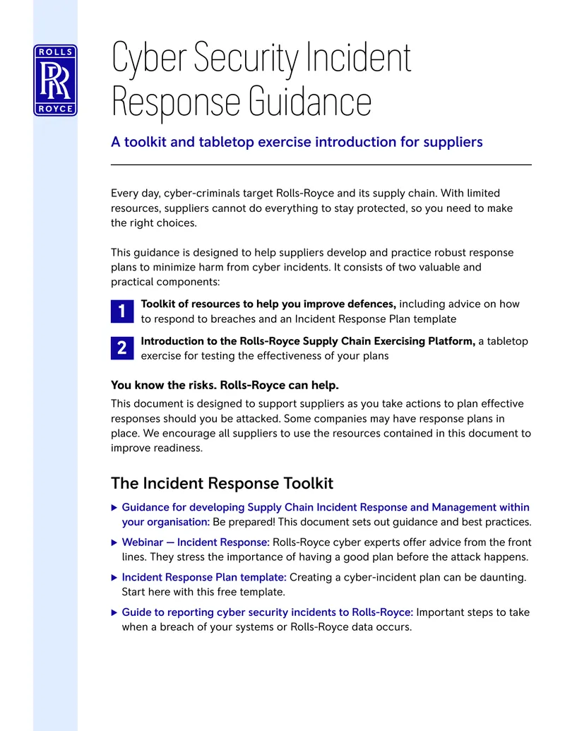 Cyber Security Incident Response Guidance for Suppliers