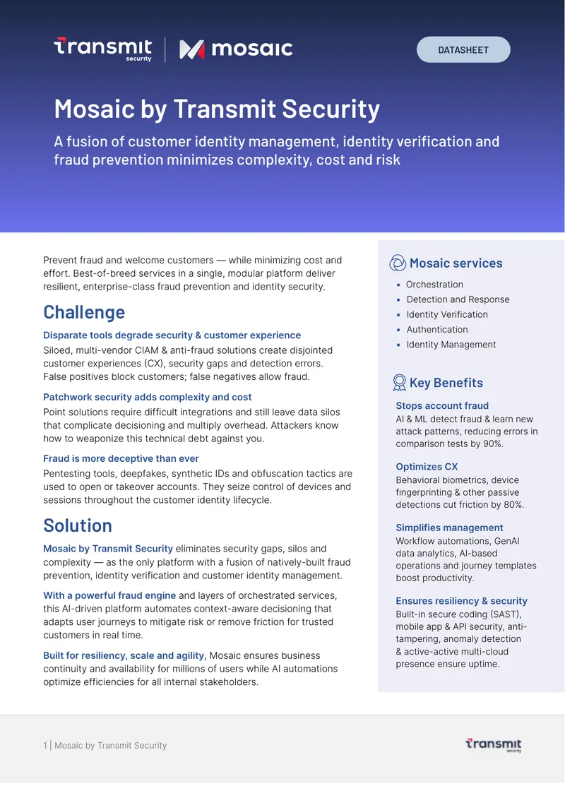 Mosaic by Transmit Security Data Sheet