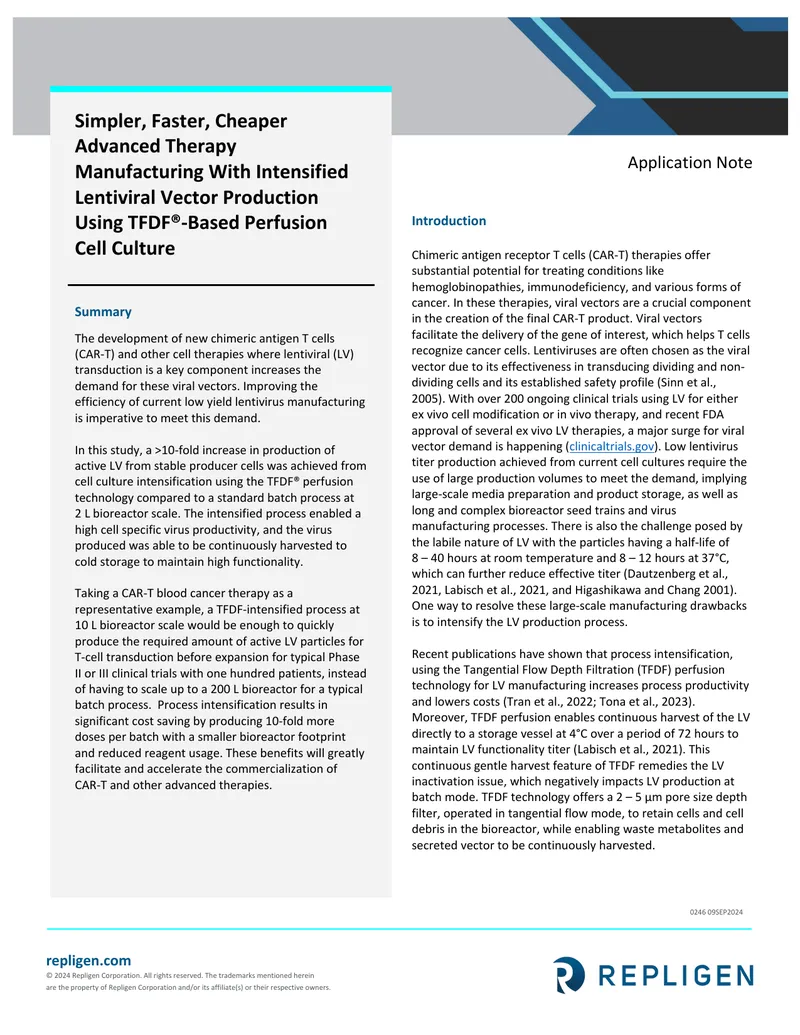 Intensified Lentiviral Vector Production Using TFDF-Based Perfusion Cell Culture