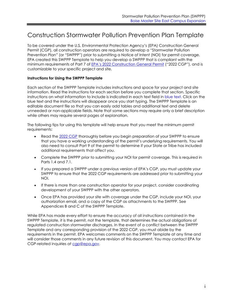 Stormwater Pollution Prevention Plan Template for Construction