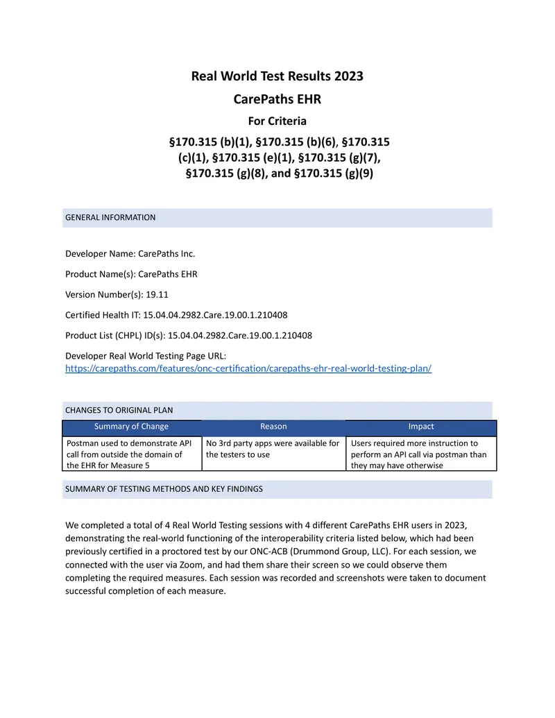 Real World Testing Results for CarePaths EHR 2023