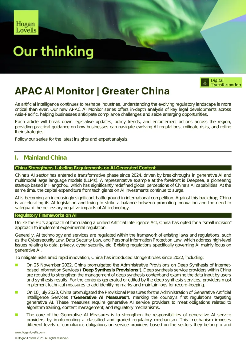Regulatory Developments in AI Across Greater China