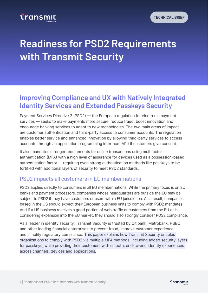 Readiness for PSD2 Requirements with Transmit Security