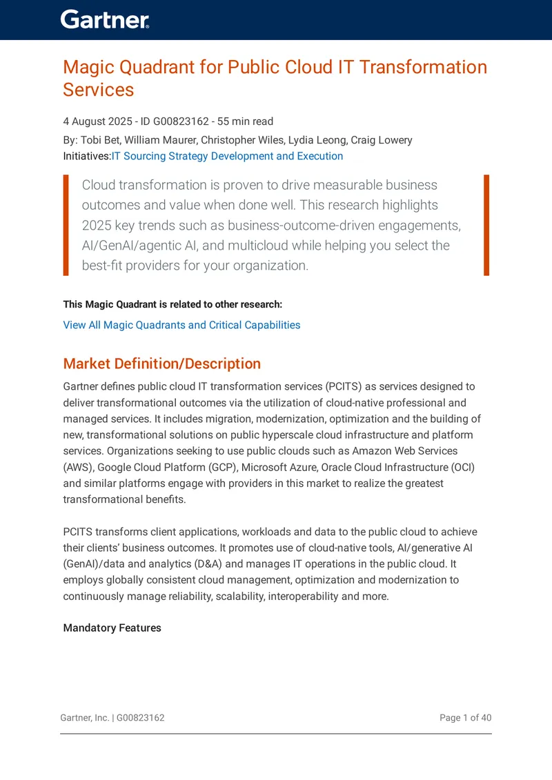 Magic Quadrant for Public Cloud IT Transformation Services