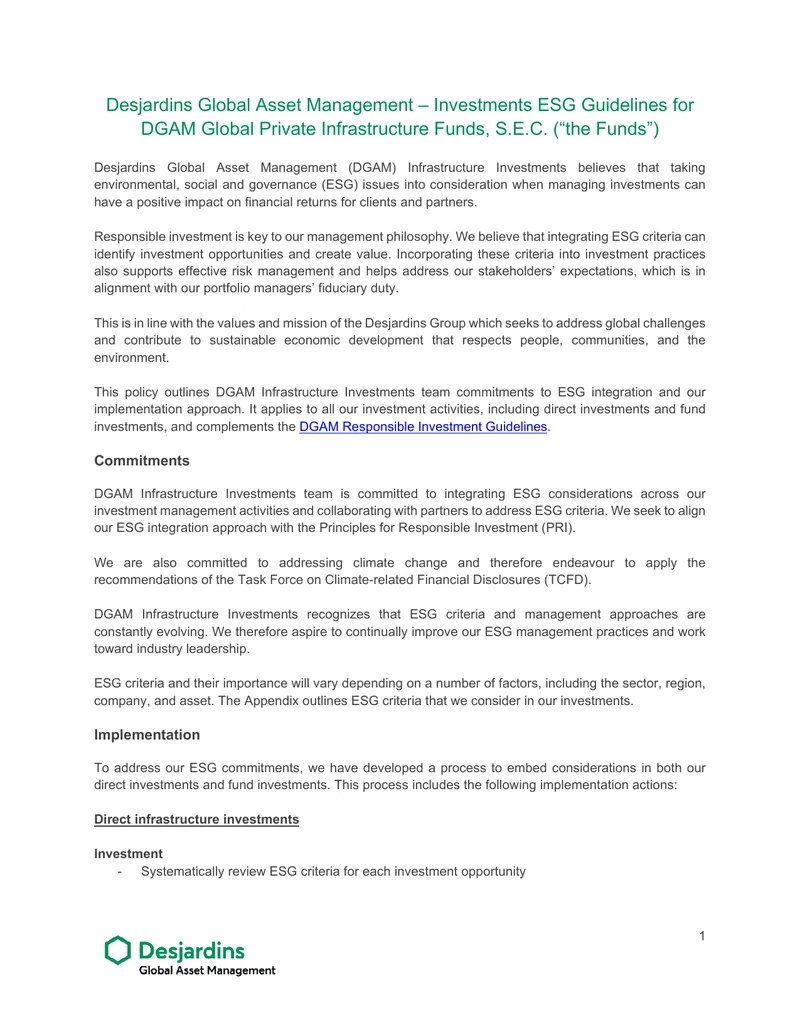 Desjardins Global Asset Management ESG Guidelines