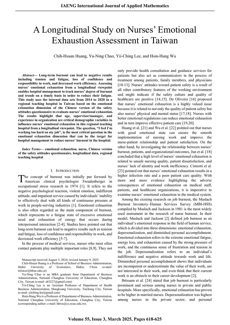 Longitudinal Study on Nurses’ Emotional Exhaustion in Taiwan preview page 1