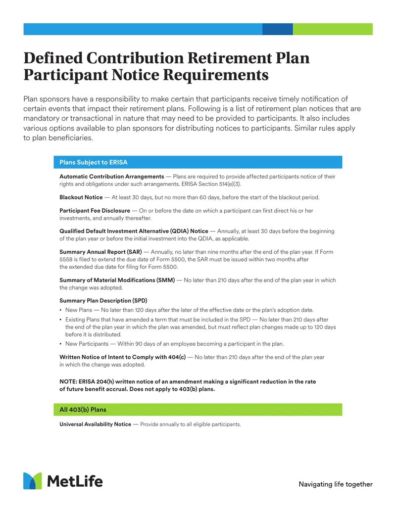 Defined Contribution Retirement Plan Participant Notice Requirements