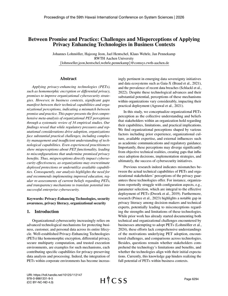 Challenges of Applying Privacy Enhancing Technologies in Business