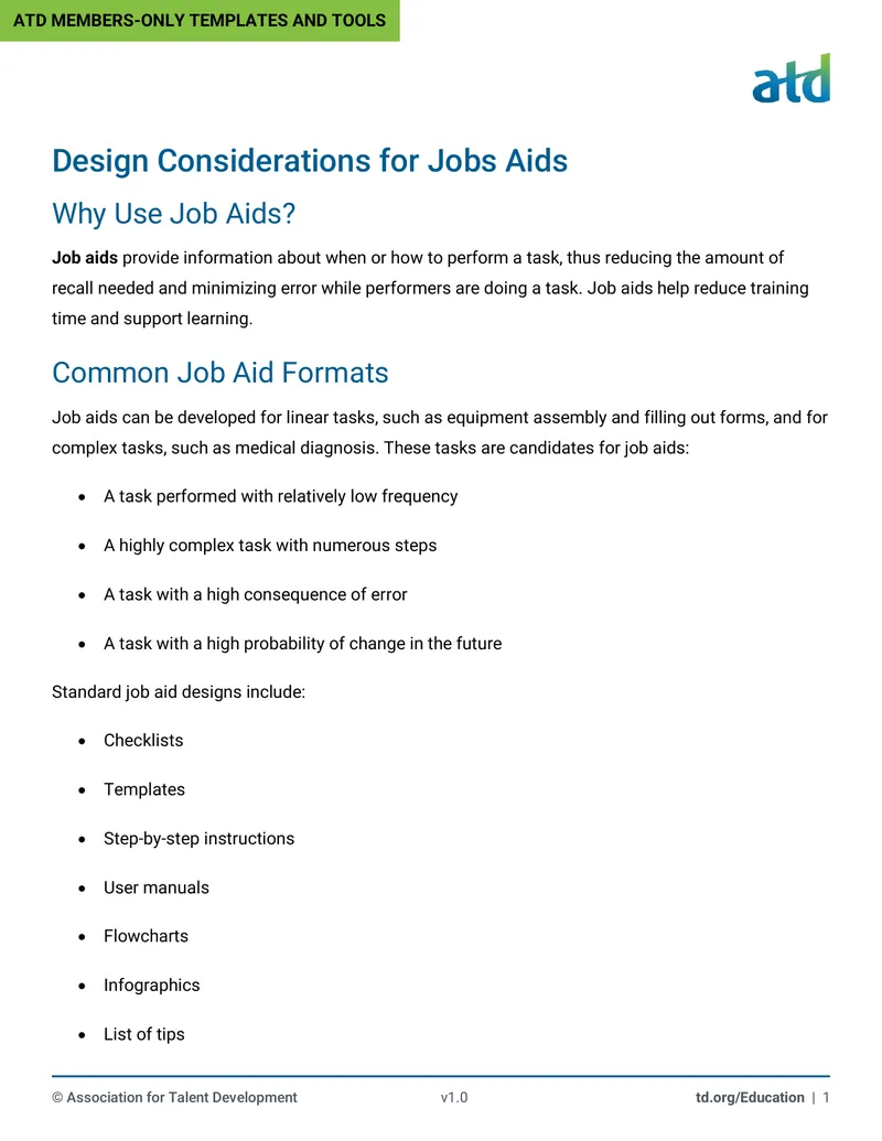 Design Considerations for Job Aids