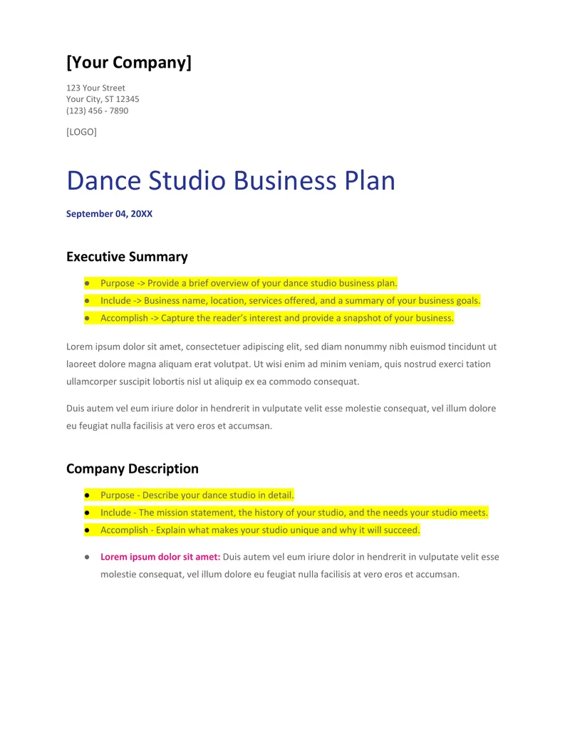 Dance Studio Business Plan Overview