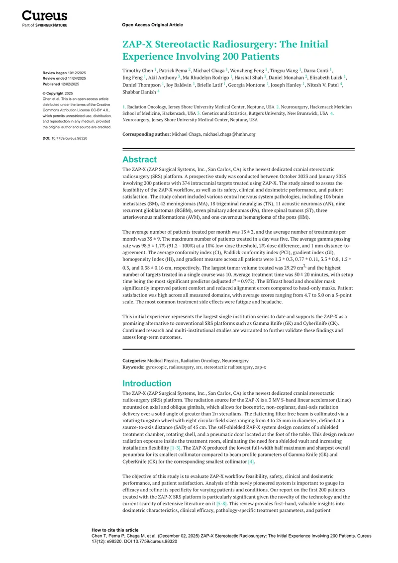 ZAP-X Stereotactic Radiosurgery Initial Patient Experience