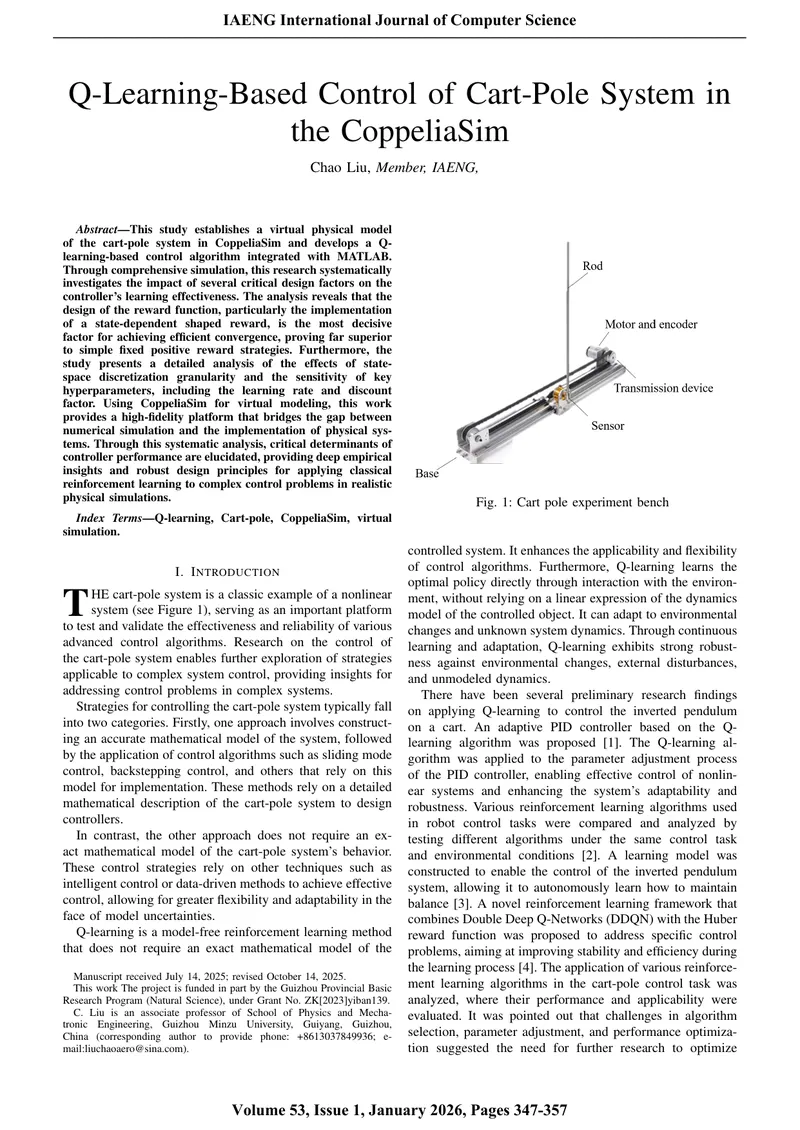 Q-Learning Control for Cart-Pole System in CoppeliaSim