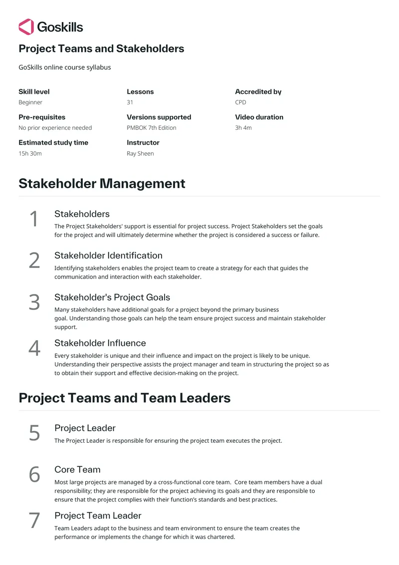 Project Stakeholder Management Course Syllabus