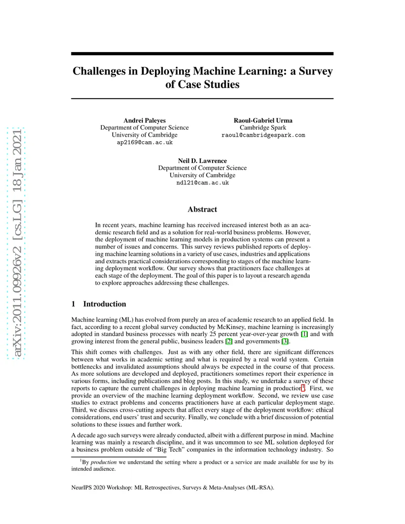 Challenges in Deploying Machine Learning Solutions