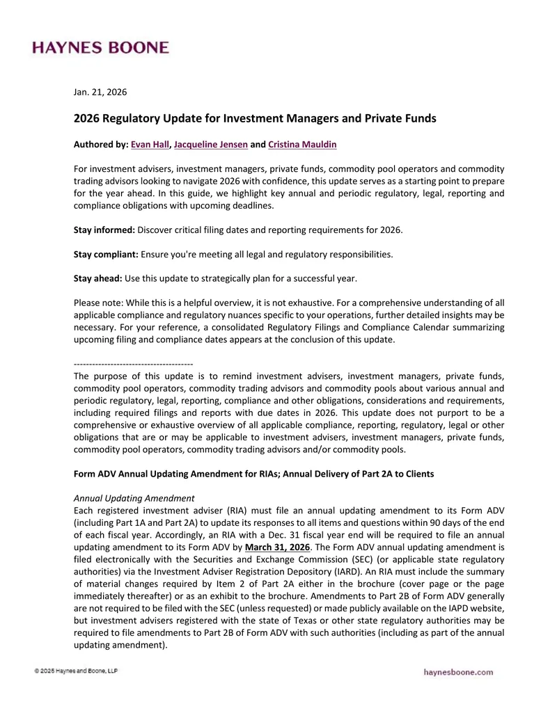 2026 Regulatory Update for Investment Managers