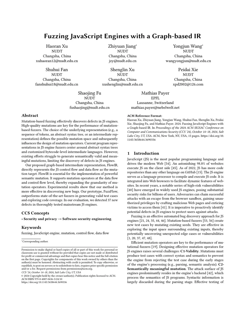 Fuzzing JavaScript Engines with a Graph-based Intermediate Representation