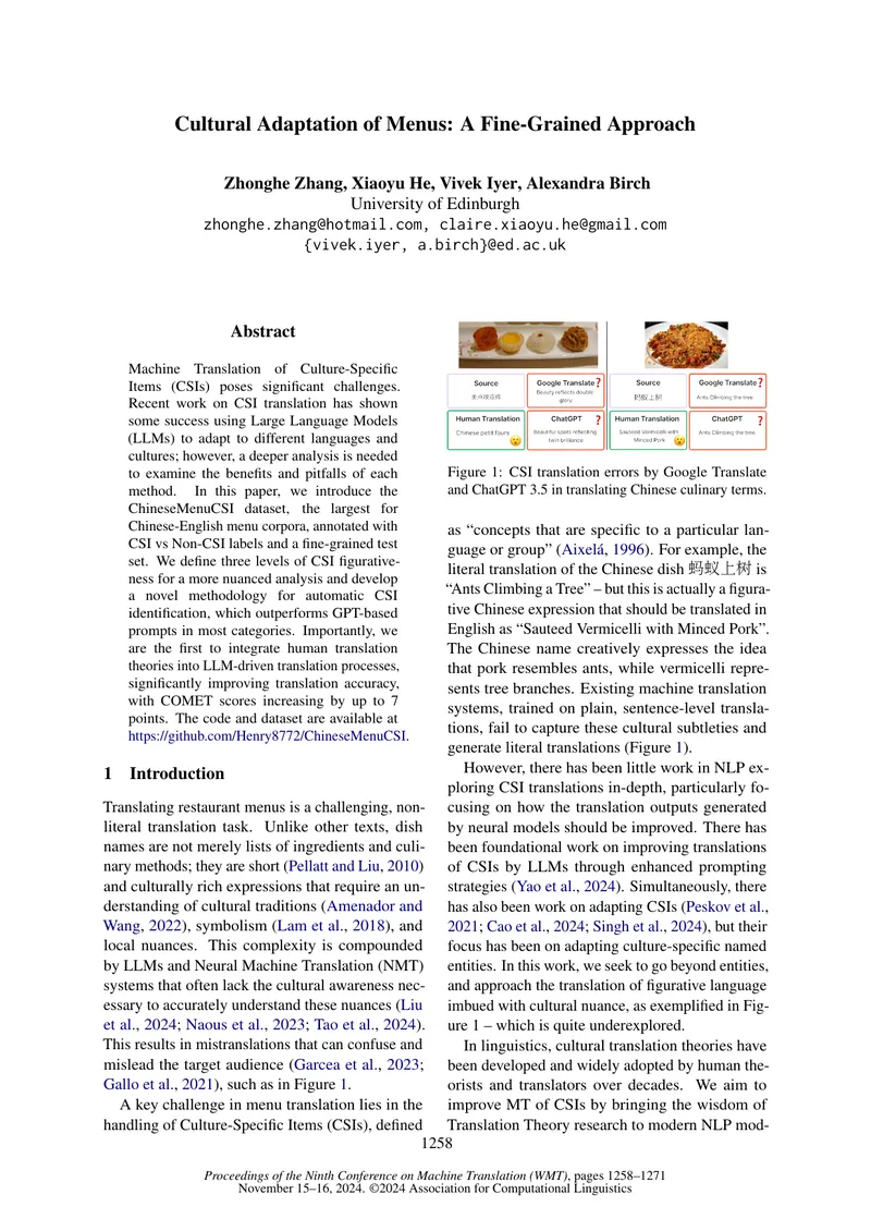Cultural Adaptation of Menus Using Machine Translation