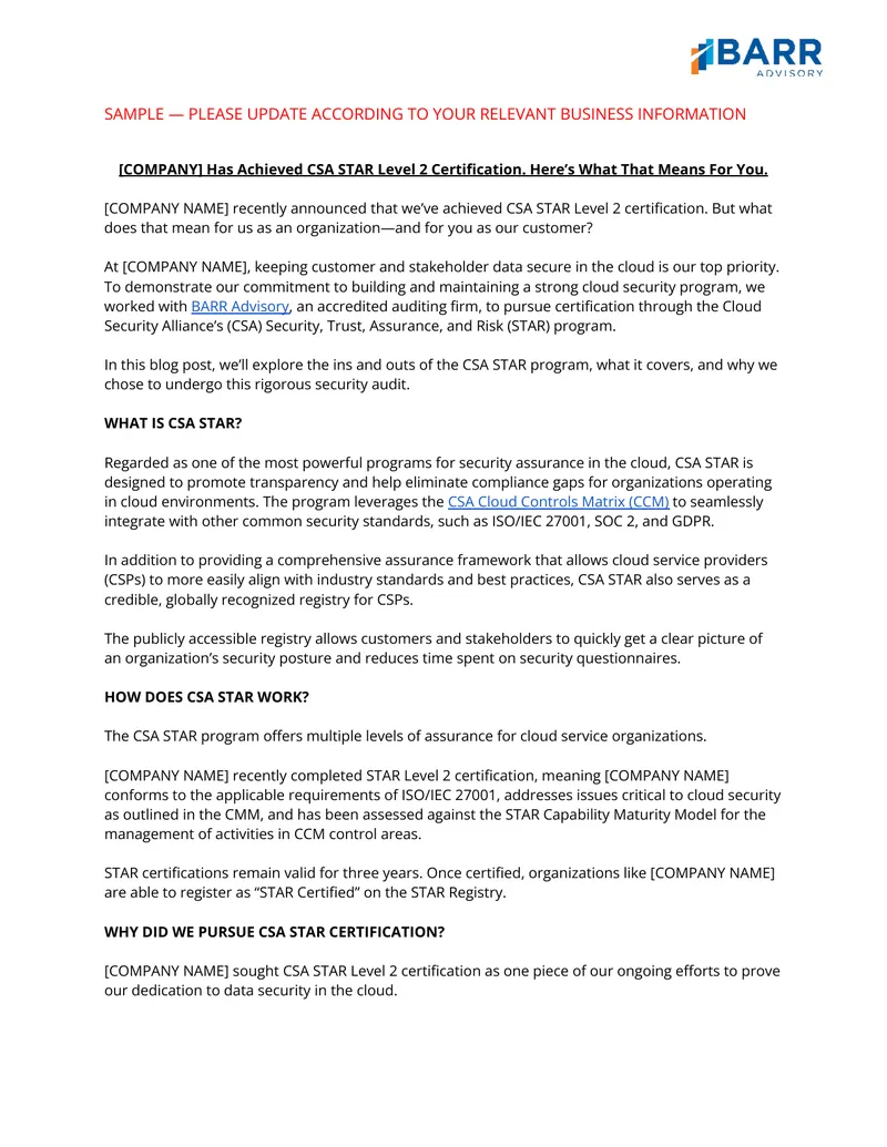 CSA STAR Level 2 Certification Overview