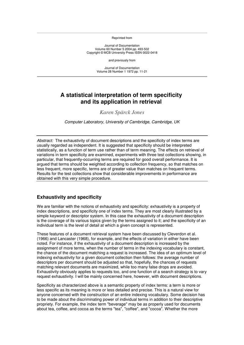 Statistical Interpretation of Term Specificity in Retrieval