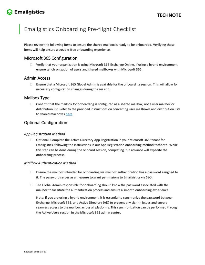 Emailgistics Onboarding Pre-flight Checklist