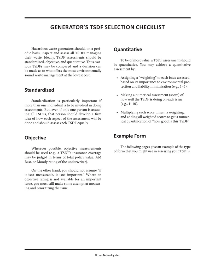 Generator's TSDF Selection Checklist