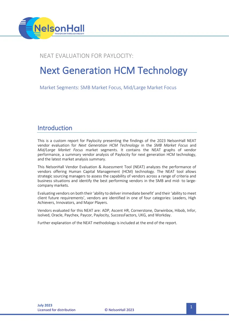 NEAT Evaluation for Paylocity in HCM Technology