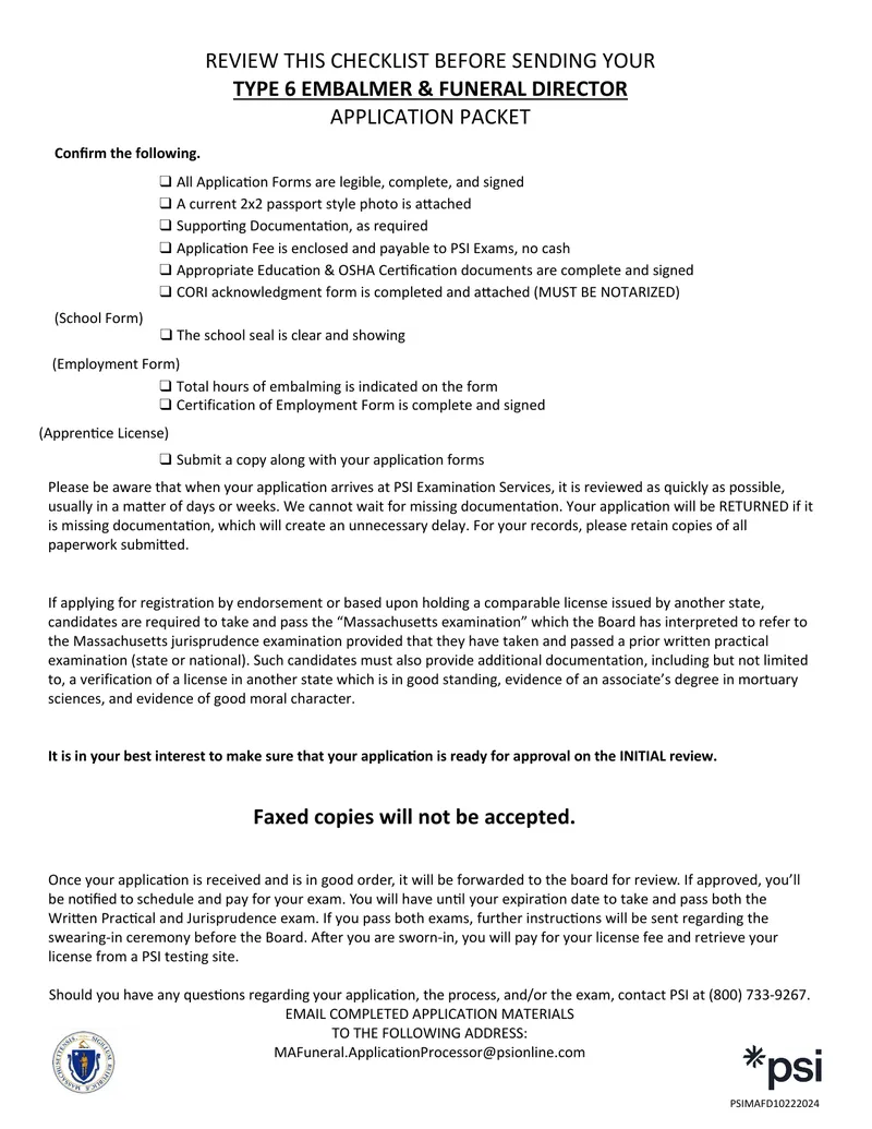 Type 6 Embalmer and Funeral Director Application Checklist