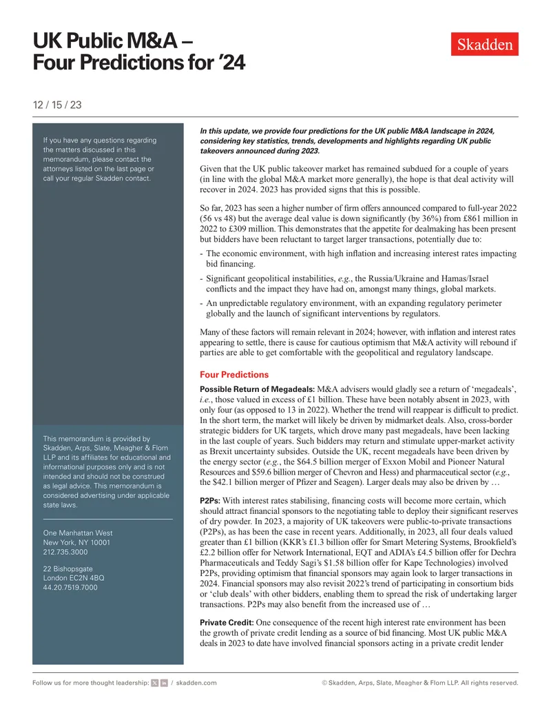 UK Public M&A Predictions for 2024