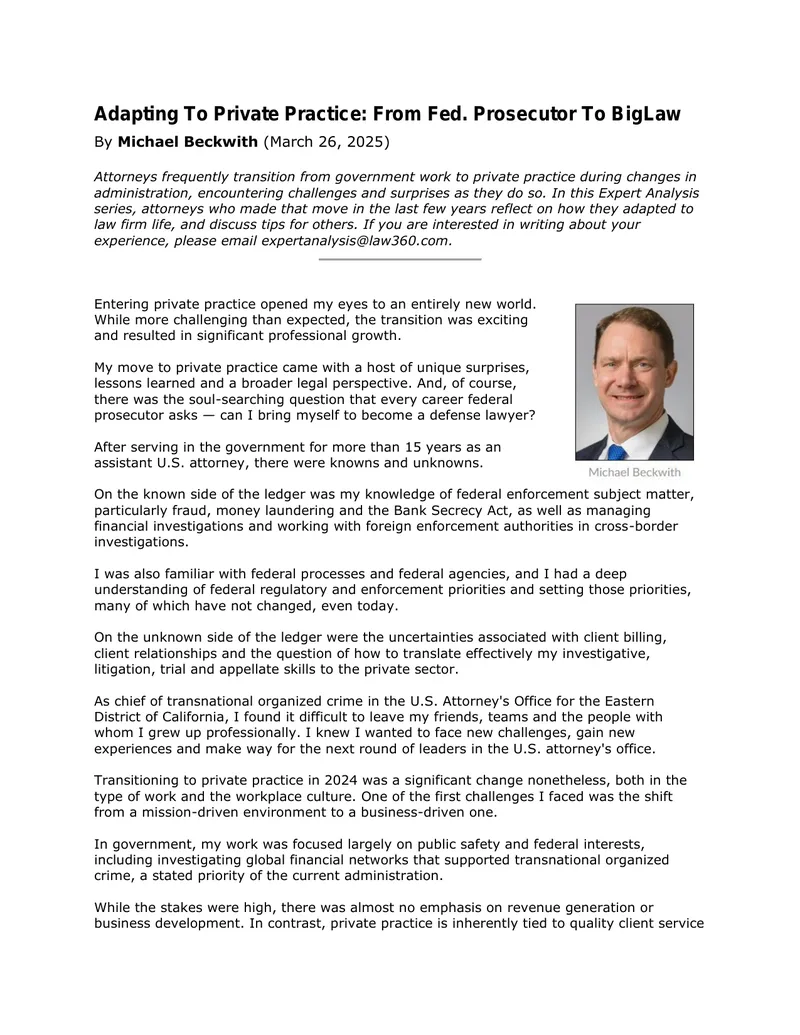 Transitioning from Government to Private Practice