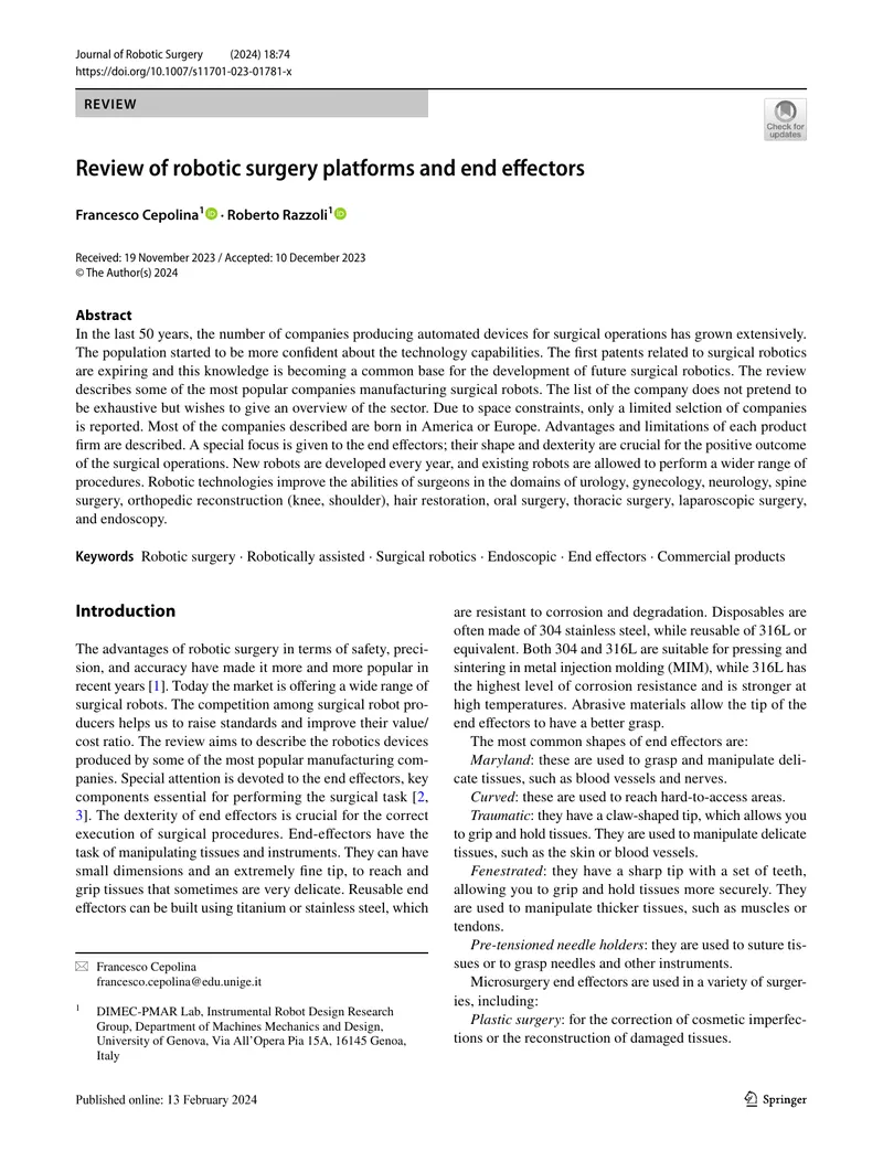 Review of Robotic Surgery Platforms and End Effectors