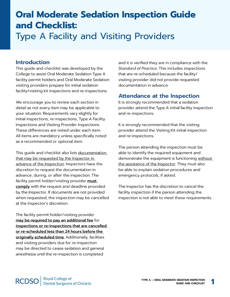 Oral Moderate Sedation Inspection Guide and Checklist