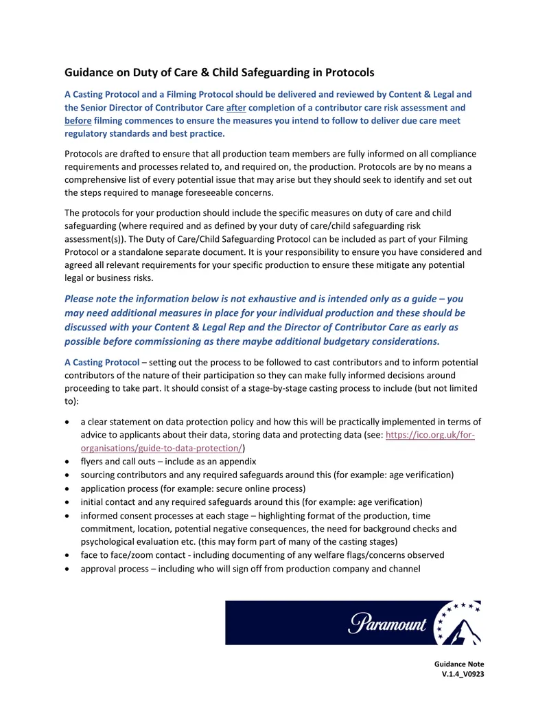 Guidance on Duty of Care and Child Safeguarding Protocols