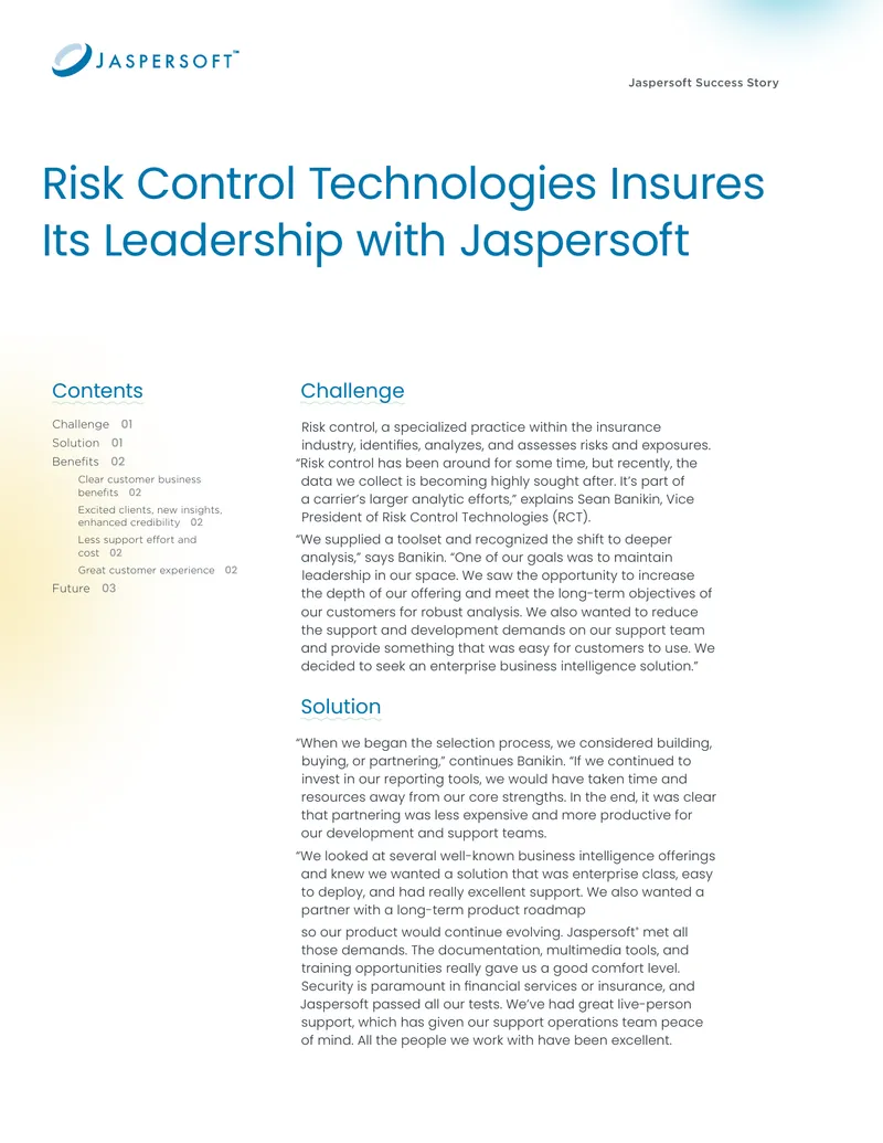 Risk Control Technologies Success with Jaspersoft