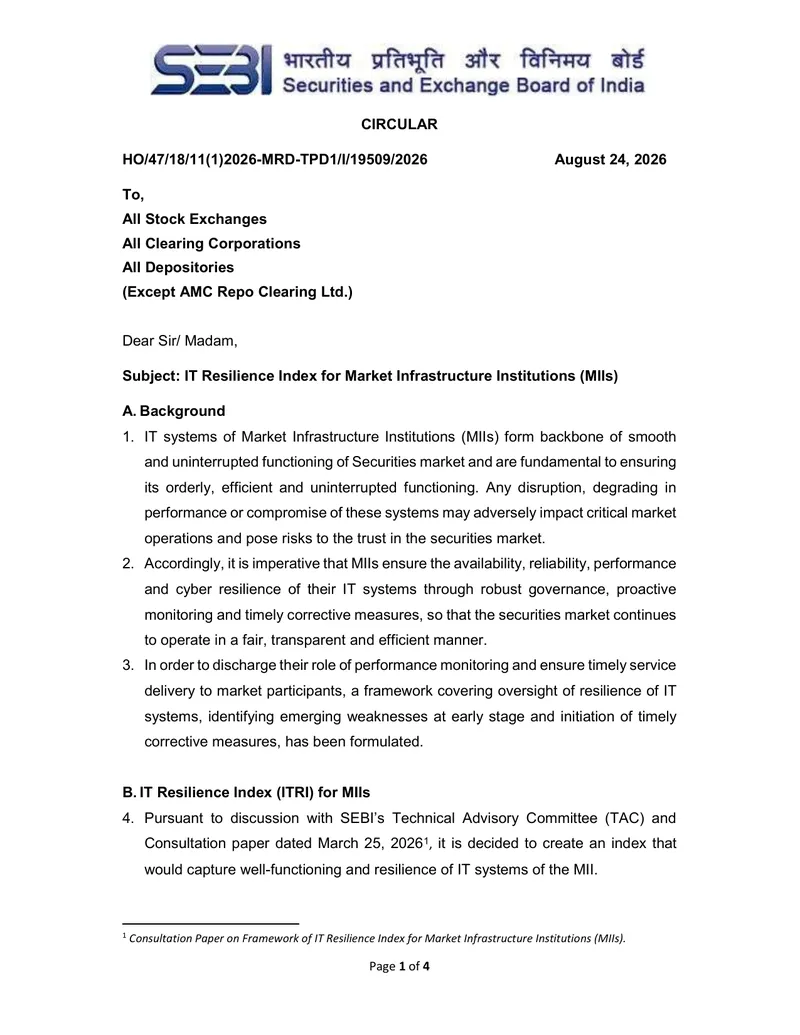 IT Resilience Index Framework for Market Infrastructure Institutions