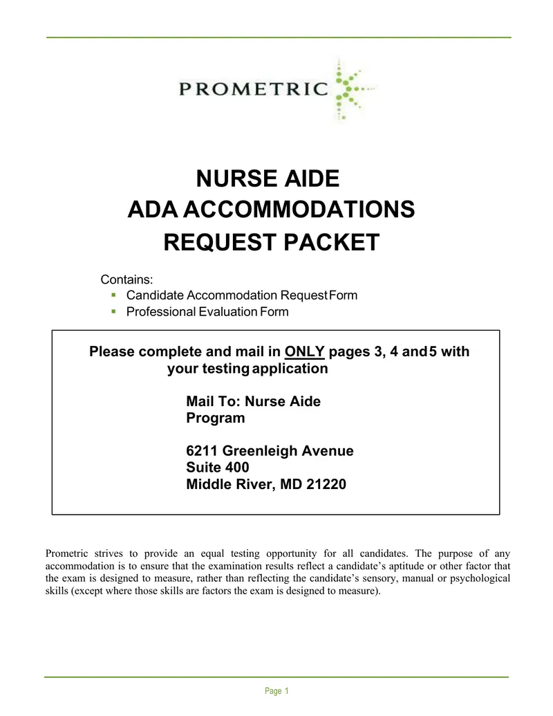 Nurse Aide ADA Accommodations Request Packet
