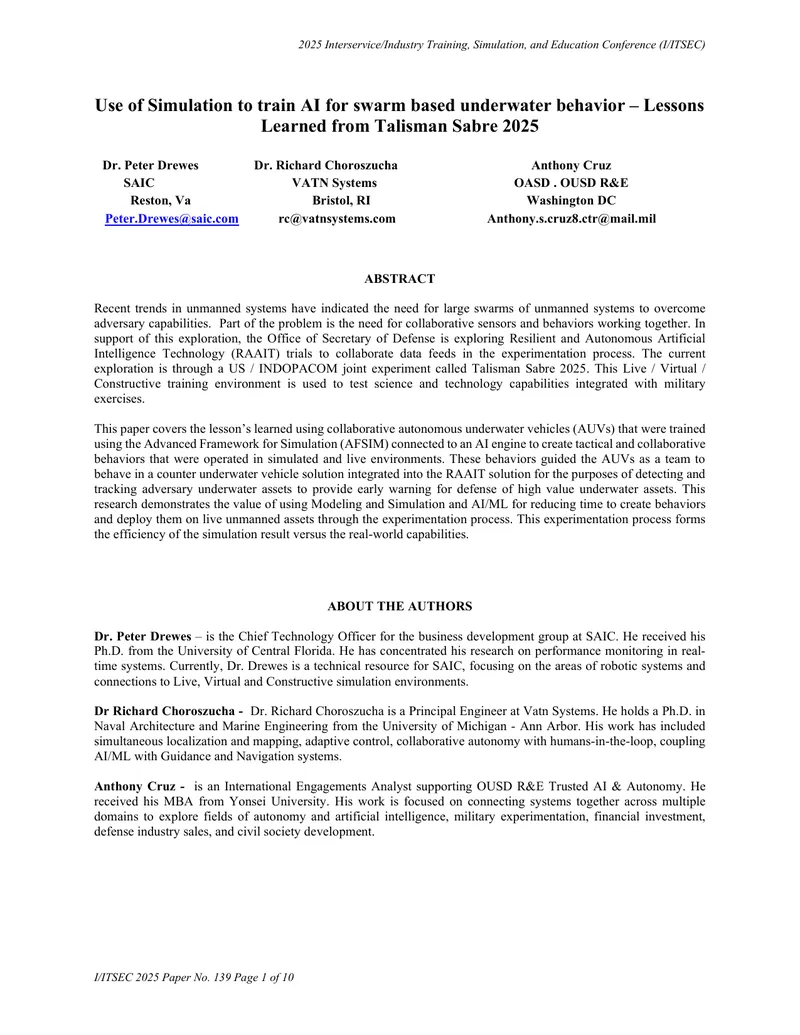 Use of Simulation for AI Training in Underwater Swarm Behavior