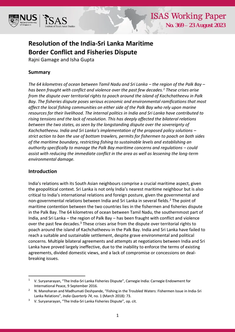 Resolution of the India-Sri Lanka Maritime Border Conflict
