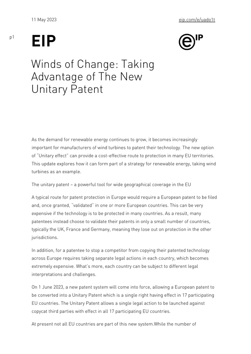 Unitary Patent System for Wind Turbine Technology